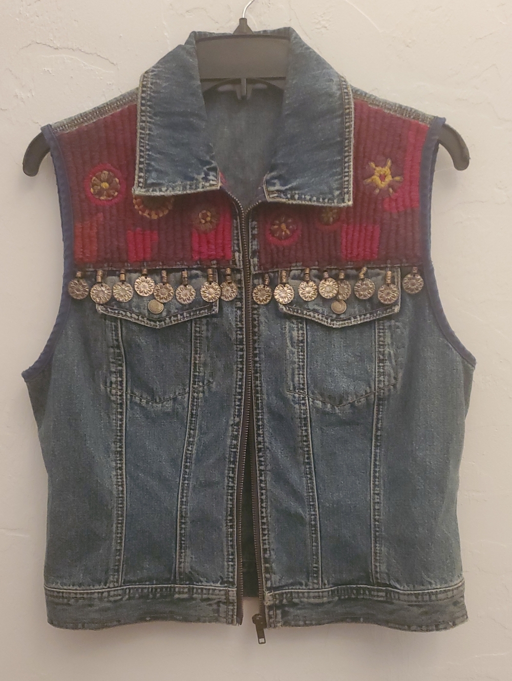 DKNY Jeans Blue Denim Vest with Red Embroidered Yoke and Coin Trim Cotton S